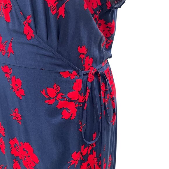 Womens Wrap Dress Red Floral Navy Midi V Neck Cottagecore Soft Girl Preppy M - Picture 6 of 8